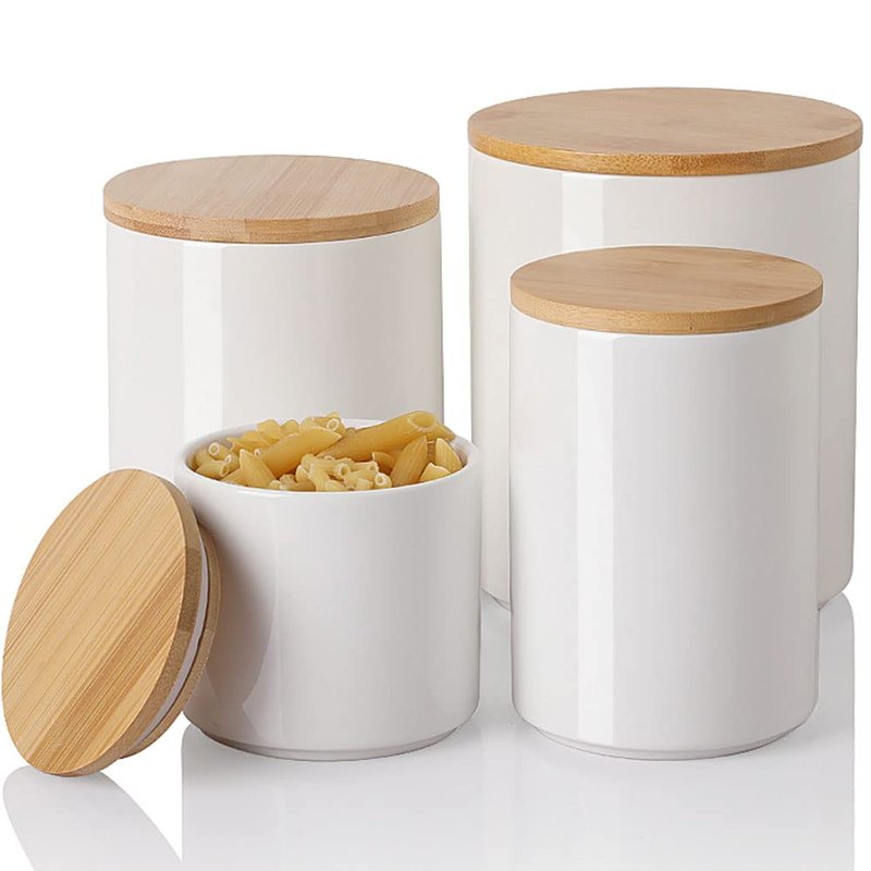 Sweejar Ceramic Kitchen Canister Sets, Porcelain Container for Countertop, Heavy Food Storage Jars with Airthight Seal Bamboo Lid, Servering for Sugar, Coffee Beans, Tea Leaves, Pack of 4（White）