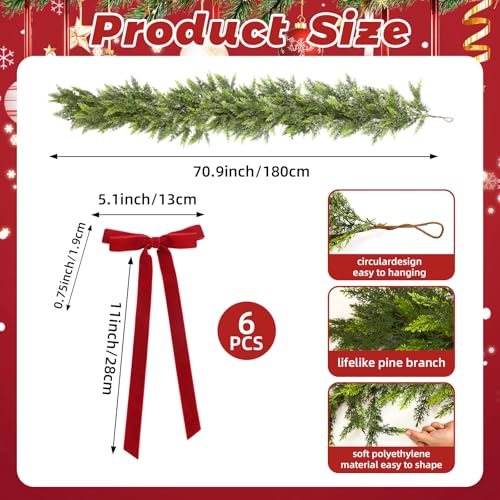 6ft Artificial Cedar Garland with 24 Velvet Bows, Christmas Holiday Decor