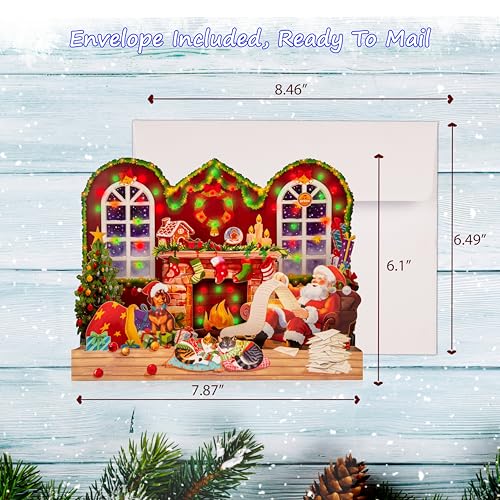 POPWOW Musical Christmas Card with Lights - Fireplace Scene, 3D Pop Up, Santa & Cats, Xmas Greeting Card, Envelope Included, 6.1x7.87 inches