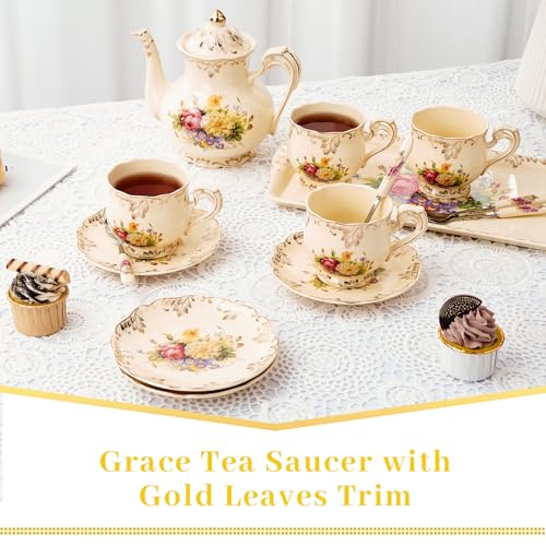 YOLIFE Floral Porcelain Tea Saucer Set of 4, 5.8 Inch Elegant Vintage Tea Plates