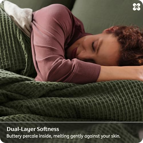 Queen Cotton Waffle Weave Duvet Cover - Olive Green, Breathable & Soft
