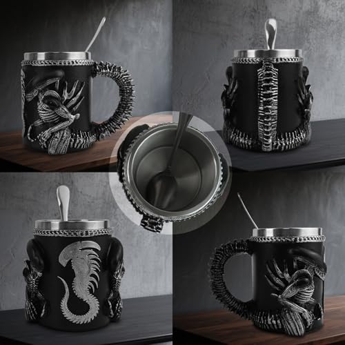 Black Alien Xenomorph Mug with Spoon, 14 oz Sci-Fi Coffee Cup Gift for Fans