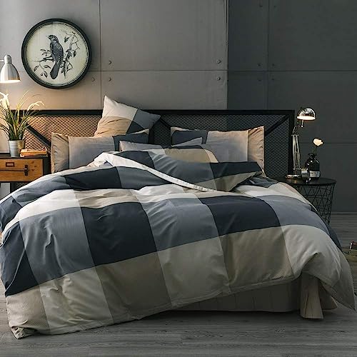 3-Piece Queen Comforter Set Fluffy Geometric Plaid Grid Bedding with Shams