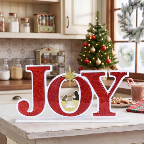 Joy Christmas Nativity Scene Sign with Wooden Base - Religious Holiday Decor