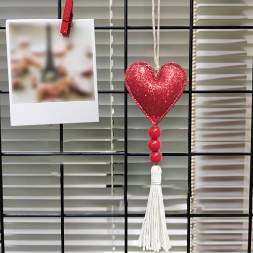 D Variant 6 Pcs Red Glitter Heart Ornaments with Tassels for Christmas Decor