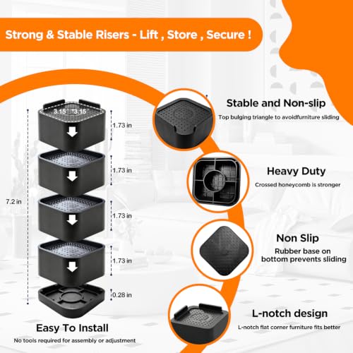 Heavy Duty Bed Risers - Adjustable Stackable Furniture Lifts