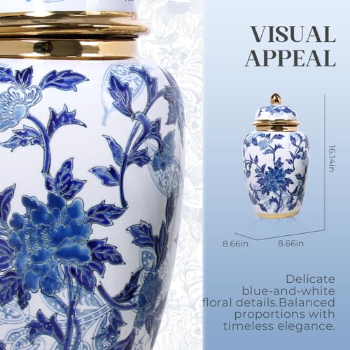 Andaliz Blue and White Ginger Jar 16" Tall Vase with Gold Trim - Porcelain Decor