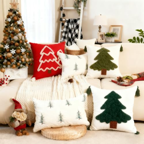 Christmas Pillow Covers 18x18 Set of 2 Christmas Tree Pillow Covers with Embroidered Soft Plush Faux Fur Farmhouse Decorations for Winter Holiday Home Bedroom Sofa Cushion Cases