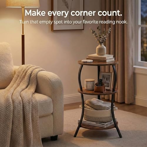 3-Tier Round Side Table, Industrial Compact End Table for Small Spaces