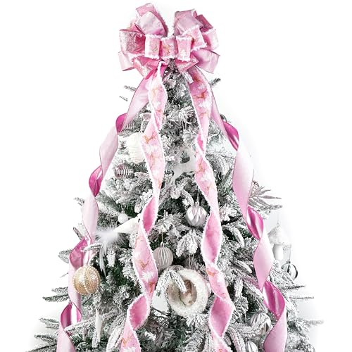 Pink Christmas Tree Topper Bow - 13x53 Inch Large Ribbon Bow with Streamers