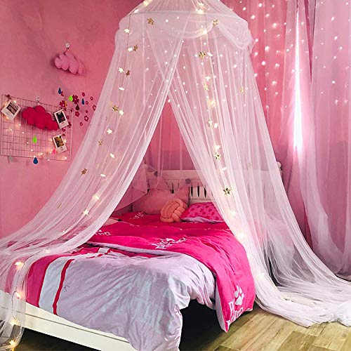 Princess Bed Canopy with Lights - Gold Star Dome Net for Kids Beds