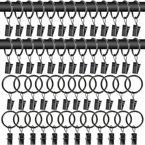50 Pcs Black Metal Curtain Rings with Clips - 1.26 Inch Drapery Hooks