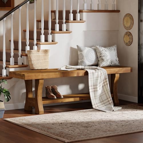 55-Inch Solid Wood Entryway Bench with Storage Shelf