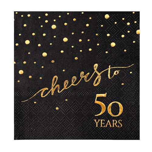 50th Birthday Napkins - Cheers to 50 Elegant Black & Gold Cocktail Party Pack, 100 Count