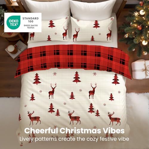 Nayoroom Red Reindeer Christmas Duvet Cover King Size Reversible Holiday Bedding Set - 3 Pieces
