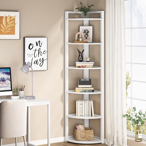6-Tier Corner Bookshelf, 71-Inch Tall Modern Storage Display Stand (White)