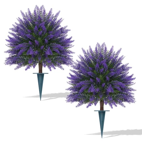 2Pcs 24-Inch Artificial Lavender Topiary Ball Trees, UV-Resistant Faux Shrubs