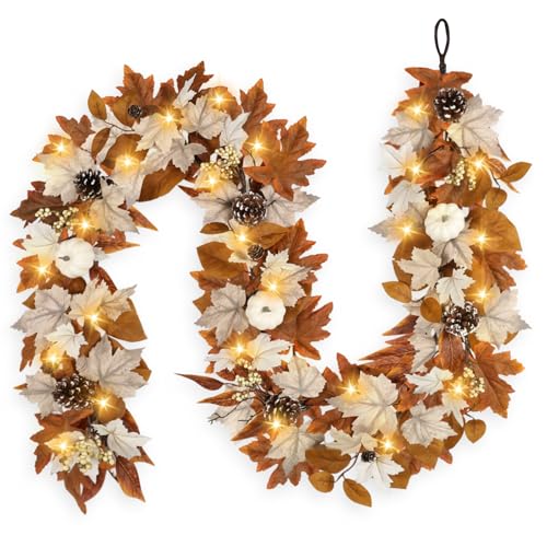 6ft Lighted Fall Garland with Timer, Pumpkins, Berries & Pinecones