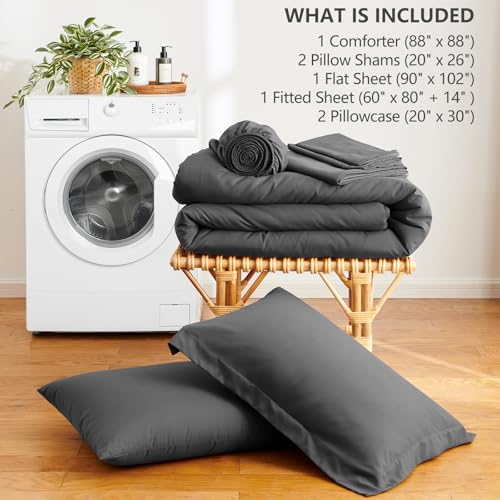 7-Piece Queen Comforter Set - Dark Grey Point-Quilted Bed in a Bag
