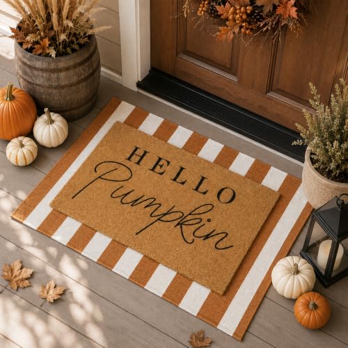 Hello Pumpkin 2-Piece Layered Doormat Set for Fall Farmhouse Entryway