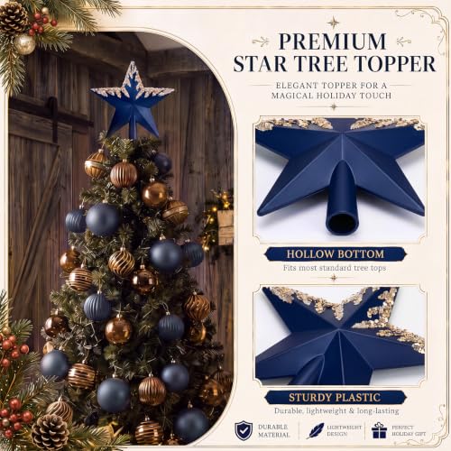 Blueweenly Navy Blue Christmas Star Tree Topper with Glitter Sequin Drip, 8 Inch