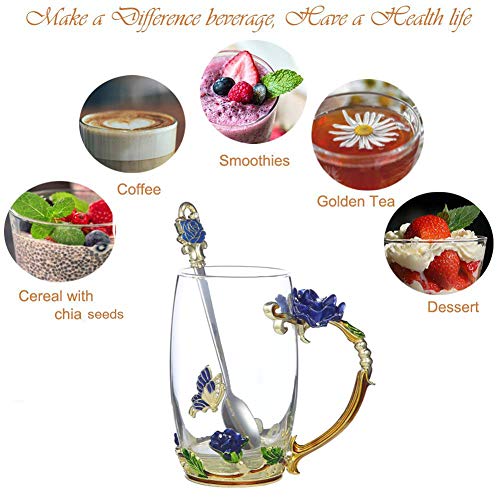 Rose Blue Tea Mug with Spoon & Flower Decoration - 12 OZ Gift for Mom Women