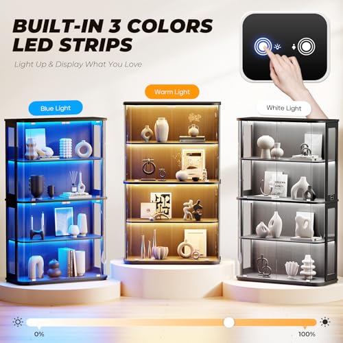 Large 4-Tier Glass Display Cabinet with 3-Color LED Lights and Motion Sensor