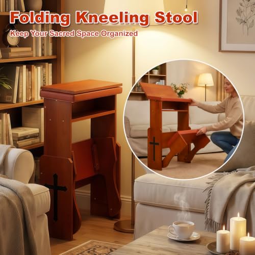 Folding Prayer Kneeler Bench with Bookshelf - Adjustable Wooden Prayer Stool
