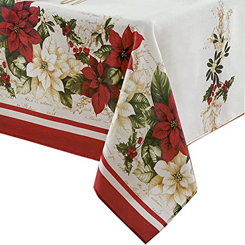 Christmas Presley Red and White Poinsettia Tablecloth 144x60 Inch Rectangular Fabric Holiday Decor