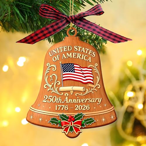 ERYRYIREI Brown Wooden American Flag Bell Ornament 3.9 Inch - 250th Anniversary USA Decor