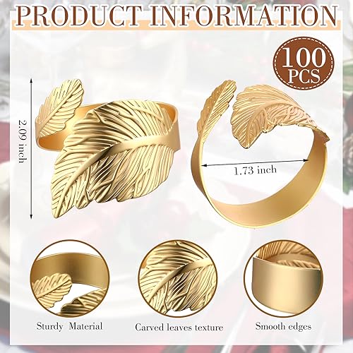 Gold Leaf-Shaped Napkin Rings Set of 100 for Weddings & Events