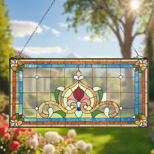 Handmade Tiffany Stained Glass Window Panel - 32x17 Inches