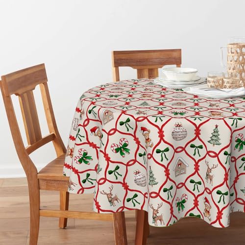 Christmas Round Tablecloth 90 x 90 Inch Teddy Bear House Deer Red