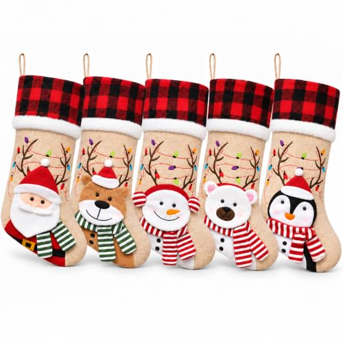 Elegantpark 5 Pack Rustic Christmas Stockings with 3D Holiday Characters - Burlap Buffalo Plaid, Large 20 Inch