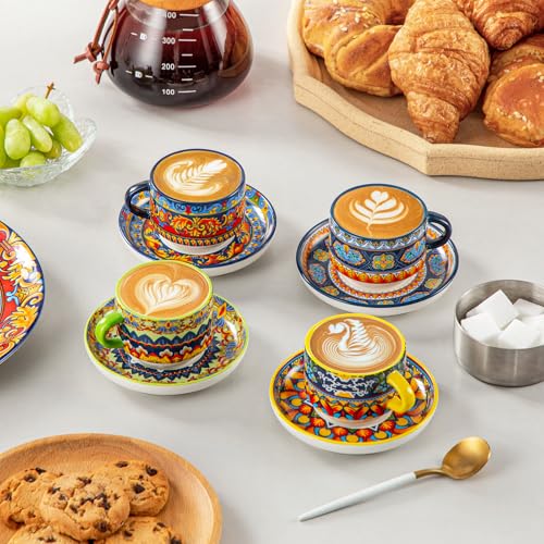 Vancasso Boho 2.5 Oz Espresso Cups Set of 4 with Stand - Colorful Mediterranean Design