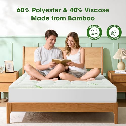 GRUSIGN Cooling Bamboo Mattress Pad - Full Size Pillow Top Topper, Green