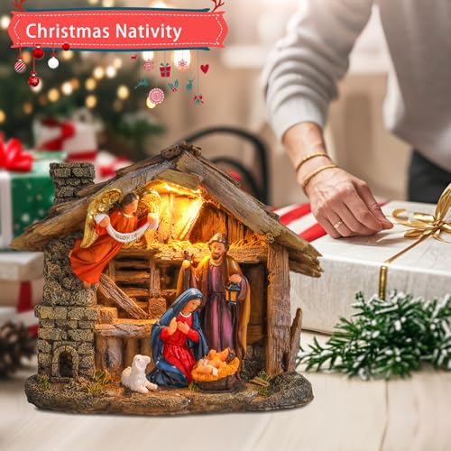 Resin Nativity Set with LED Lights & Music - Tabletop Manger Figurine