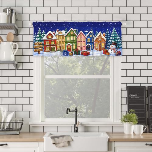 Blue Cartoon Houses Christmas Kitchen Valance 54x18in - Xmas Curtain