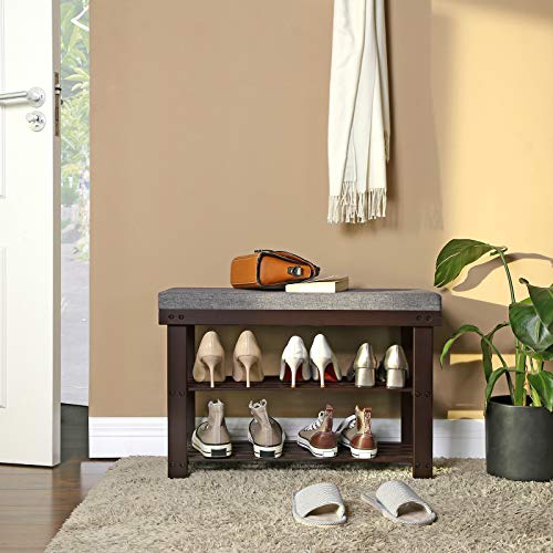 3-Tier Bamboo Shoe Bench with Padded Seat, Entryway Shoe Rack Organizer