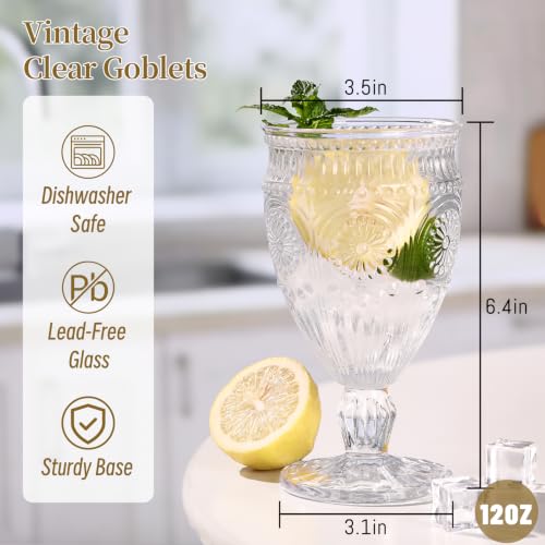 12oz Vintage Glass Goblets - Embossed Sunflower Pattern, 4-Piece Set