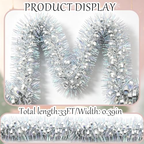 Psoeksdo 33ft Iridescent Silver Tinsel Garland - Glittering Christmas Decor for Indoor Outdoor