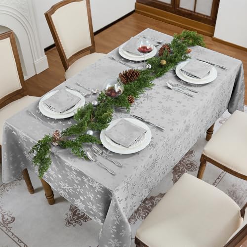 Romanstile Silver Christmas Jacquard Rectangle Tablecloth 60x84in Snowflake Decor