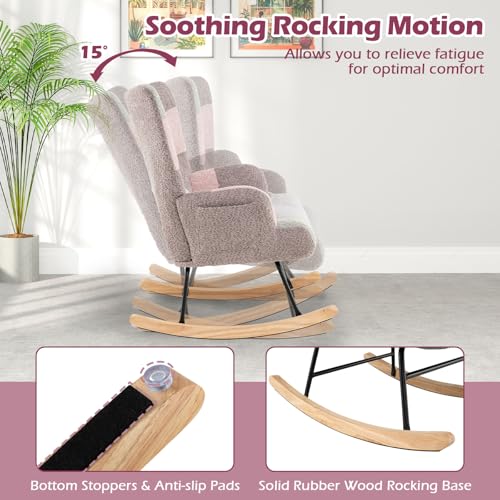 Boucle Upholstered Rocking Chair with High Backrest and Side Pocket