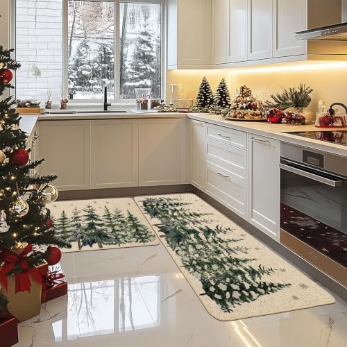 Baccessor Christmas Snowy Trees Kitchen Rugs Set of 2 17x29 & 17x47 Snow Forest