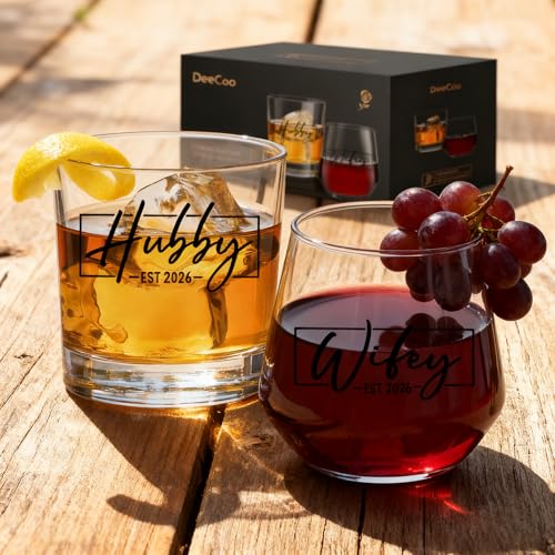 DeeCoo His & Hers Wine & Whiskey Glass Set - Wedding Gift for Couples, 2026 Newlyweds