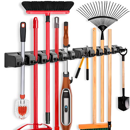 2 Pack Wall Mount Broom and Mop Holder Storage Rack with Hooks