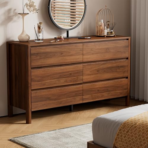 55-Inch 6-Drawer Mid-Century Modern Wood Dresser, Walnut Bedroom Chest