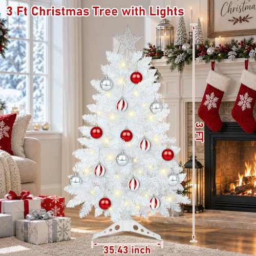 [3FT White Christmas Tree with Lights] Bolvinaso - Includes 15 Ornaments & Star Topper, Indoor Tabletop