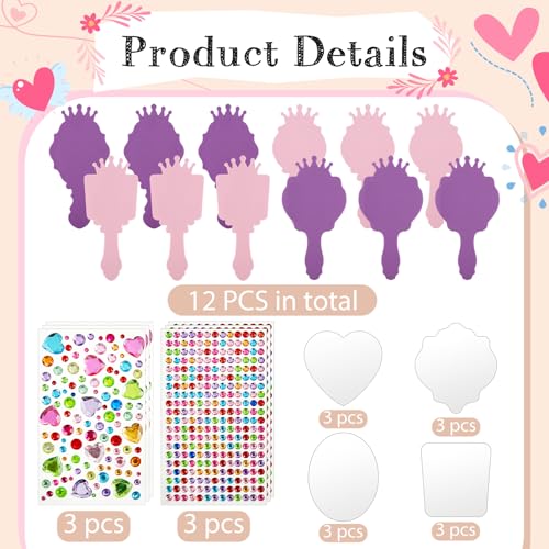 12-Pack Princess Foam Craft Mirrors with Gem Stickers for DIY Party Favors