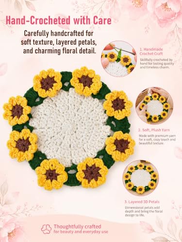 Sunflower Crochet Flower Coasters 4-Piece Set - Cotton Home Decor Gift